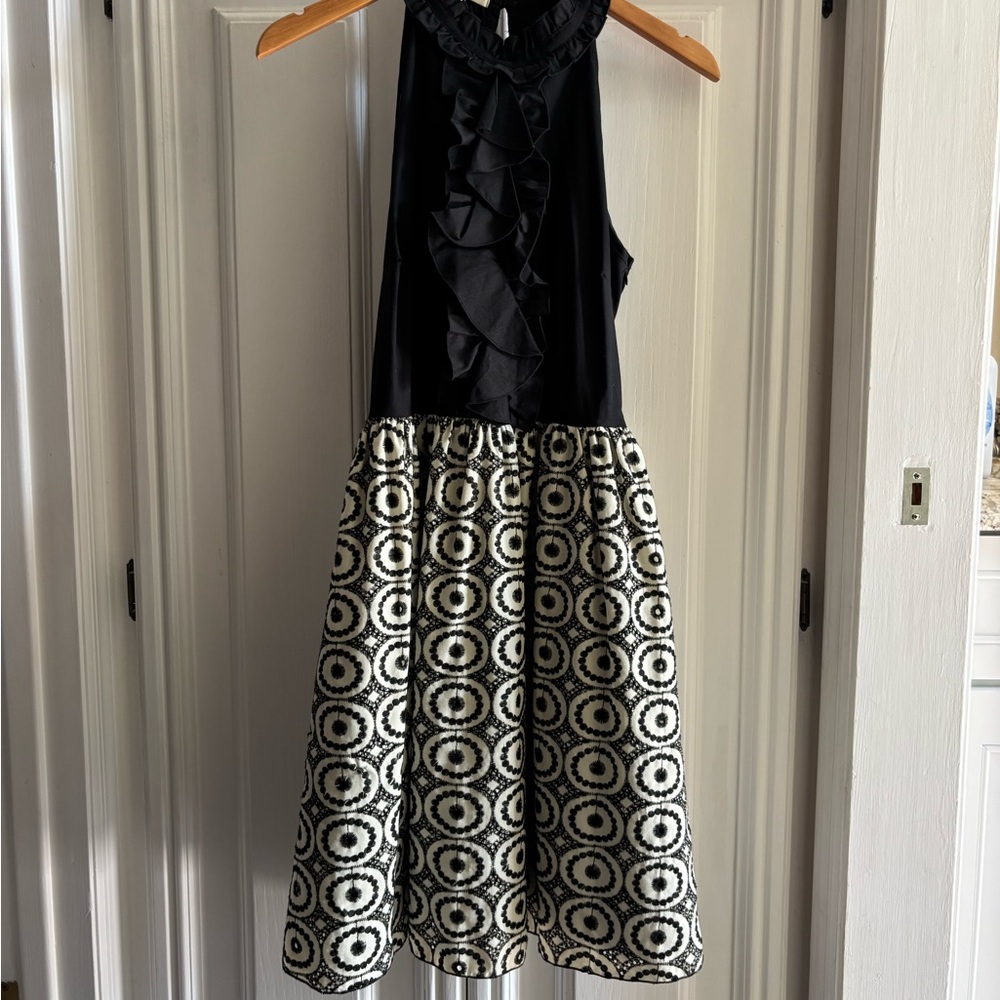 Anthropologie Black Ruffle Top Midi Dress with Patterned Skirt